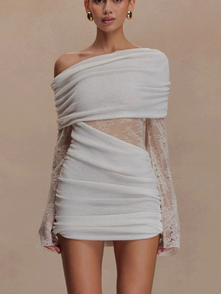 Off Shoulder Lace Long Sleeve Ruched Mini Bodycon Dress For Women 2026
