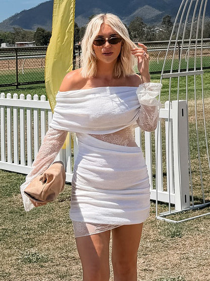 Off Shoulder Lace Long Sleeve Ruched Mini Bodycon Dress For Women 2026