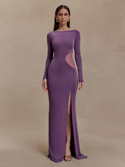 Side Mesh Cutout High Slit Long Sleeve Maxi Bodycon Evening Dress For Women 2026