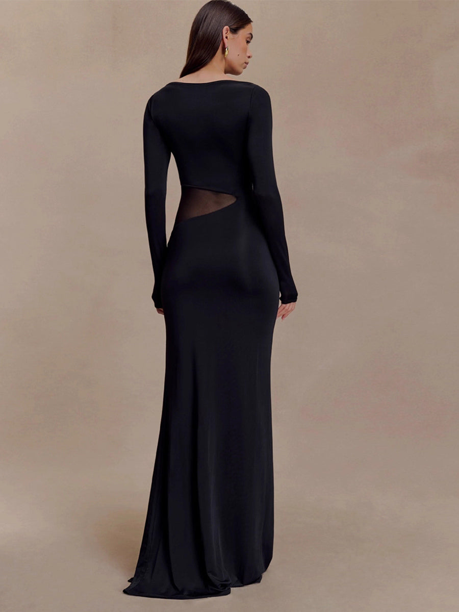 Side Mesh Cutout High Slit Long Sleeve Maxi Bodycon Evening Dress For Women 2026