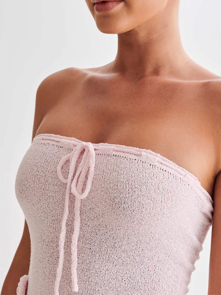 Halter Neck Knitted Mini Dress for Women - Pink 3D Flower Sleeveless Bodycon Short Dress - Summer Beach Party 2026
