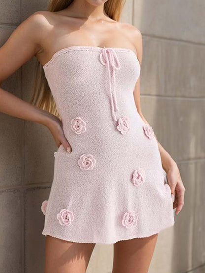 Halter Neck Knitted Mini Dress for Women - Pink 3D Flower Sleeveless Bodycon Short Dress - Summer Beach Party 2026