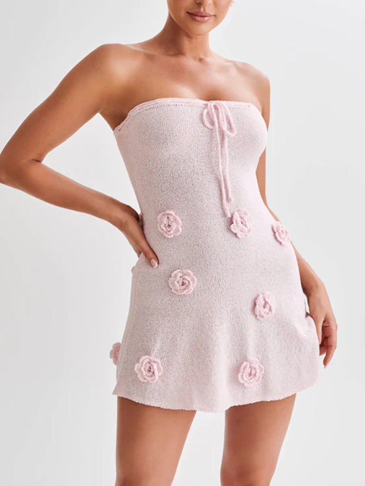 Halter Neck Knitted Mini Dress for Women - Pink 3D Flower Sleeveless Bodycon Short Dress - Summer Beach Party 2026