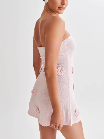 Halter Neck Knitted Mini Dress for Women - Pink 3D Flower Sleeveless Bodycon Short Dress - Summer Beach Party 2026