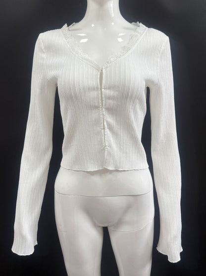 Lace Trim V Neck Ribbed Knit Top With Bell Sleeves For Women 2026