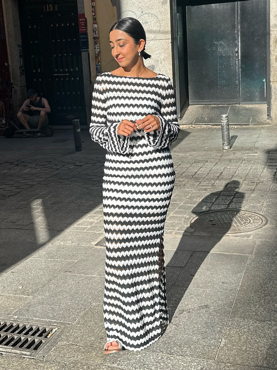 Contrast Wave Pattern Knit Long Sleeve Bodycon Maxi Dress For Women 2026