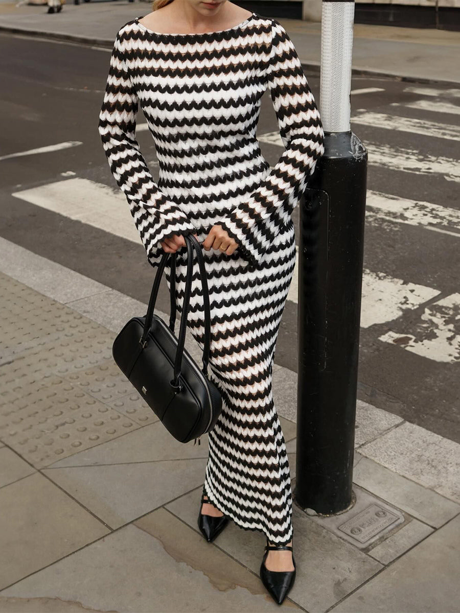 Contrast Wave Pattern Knit Long Sleeve Bodycon Maxi Dress For Women 2026