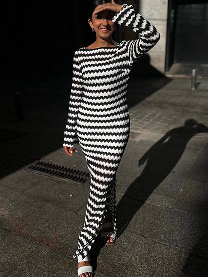 Contrast Wave Pattern Knit Long Sleeve Bodycon Maxi Dress For Women 2026