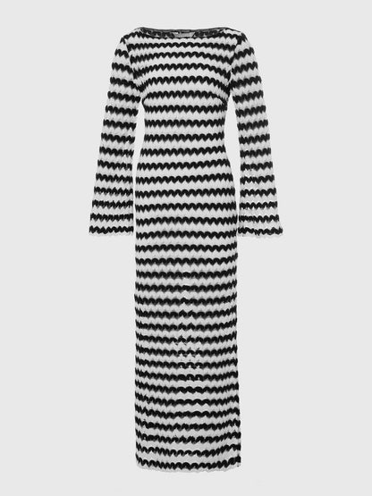 Contrast Wave Pattern Knit Long Sleeve Bodycon Maxi Dress For Women 2026