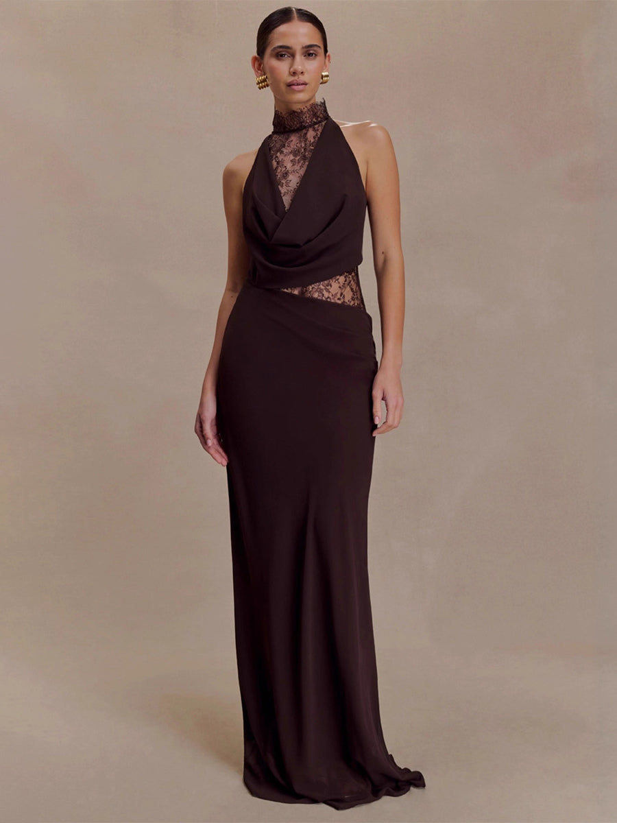 High Neck Lace Patchwork Cutout Sleeveless Maxi Bodycon Dress For Women 2026