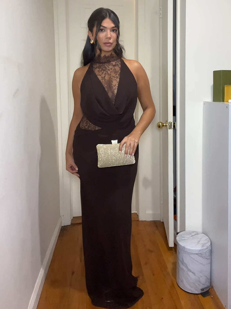 High Neck Lace Patchwork Cutout Sleeveless Maxi Bodycon Dress For Women 2026