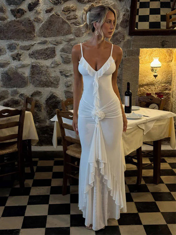 Rosette Ruffle Backless Ruched Mermaid Maxi Dress For Women 2026
