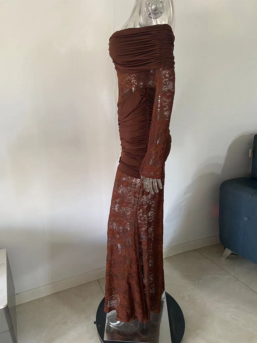 Off Shoulder Ruched Lace Splicing Long Sleeve Bodycon Maxi Dress For Women 2026