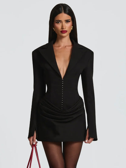 Notched Lapel Ruched Long Sleeve Bodycon Blazer Mini Dress For Women 2026