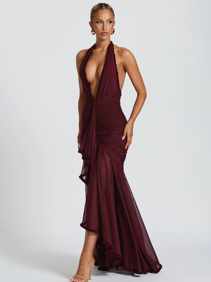Deep V-Neck Halter Ruched Bodycon Maxi Party Dress For Women 2026
