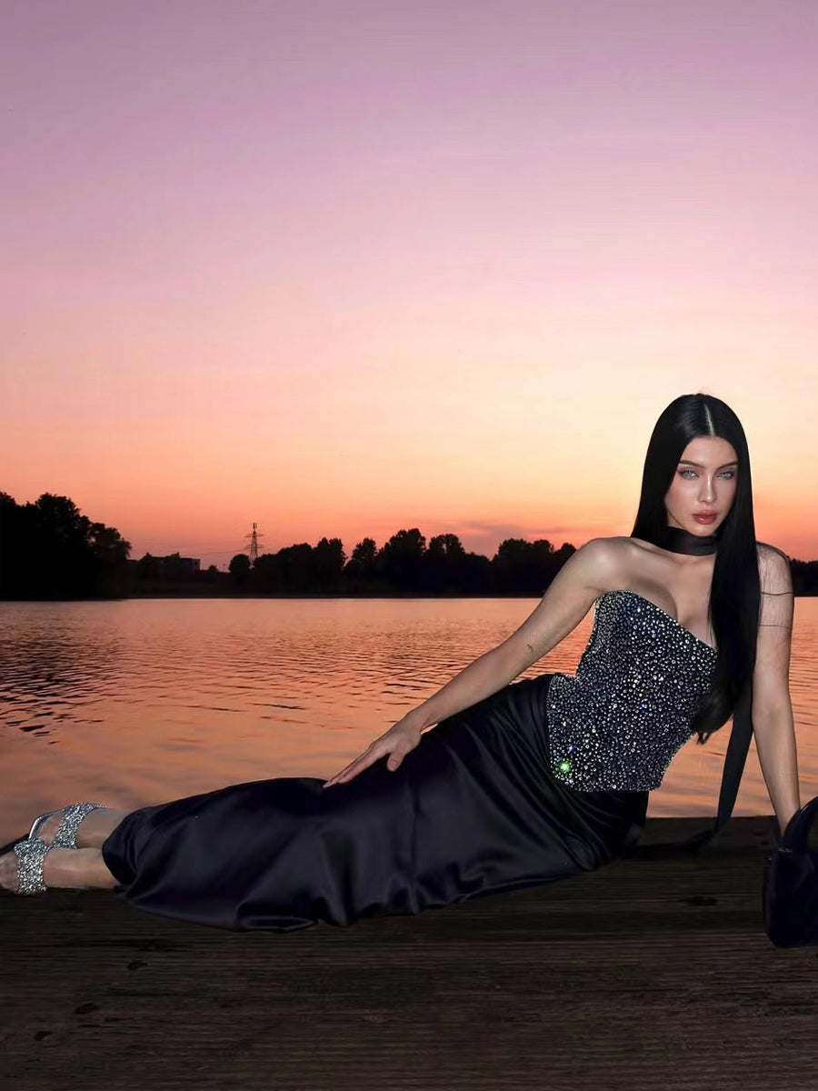 Rhinestone Lace Up Back Corset And Long Skirt Party 2-Piece Set For Women 2026