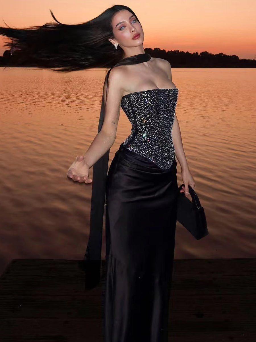 Rhinestone Lace Up Back Corset And Long Skirt Party 2-Piece Set For Women 2026