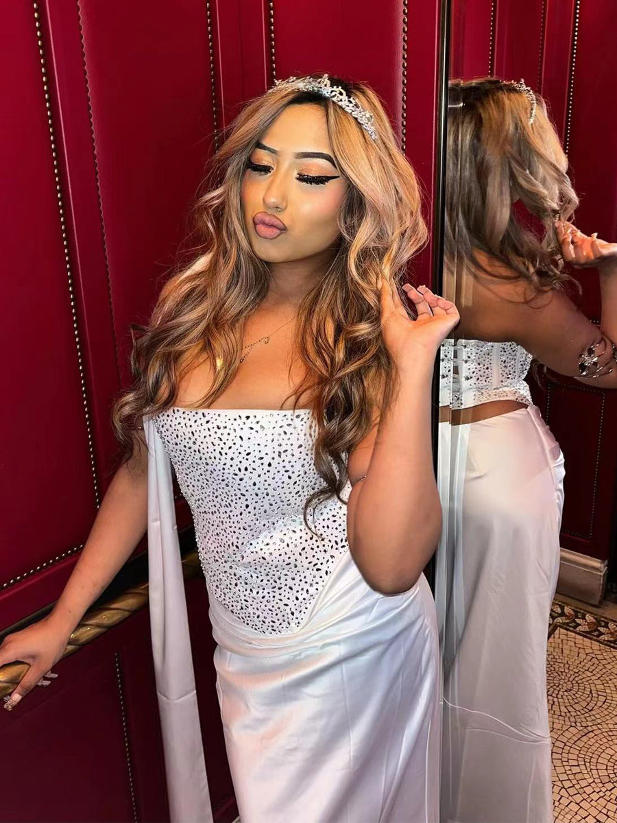 Rhinestone Lace Up Back Corset And Long Skirt Party 2-Piece Set For Women 2026