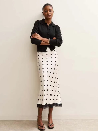 Polka Dot Lace Trim High Waist Midi Mermaid Skirt For Women 2026