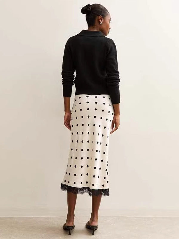 Polka Dot Lace Trim High Waist Midi Mermaid Skirt For Women 2026