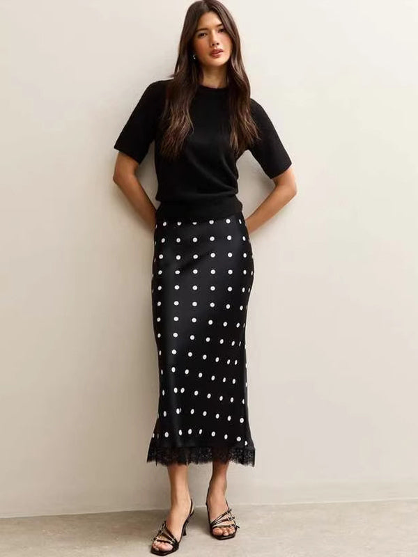 Polka Dot Lace Trim High Waist Midi Mermaid Skirt For Women 2026