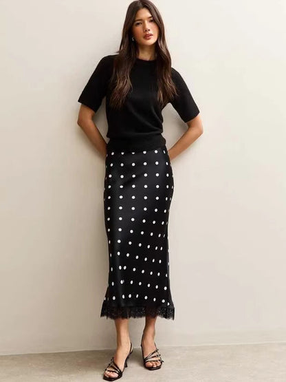 Polka Dot Lace Trim High Waist Midi Mermaid Skirt For Women 2026