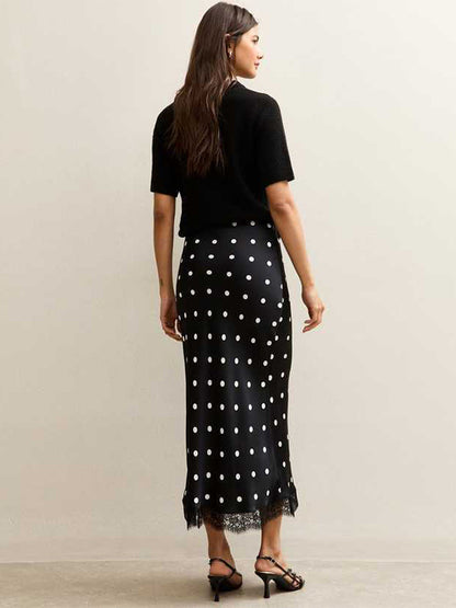 Polka Dot Lace Trim High Waist Midi Mermaid Skirt For Women 2026