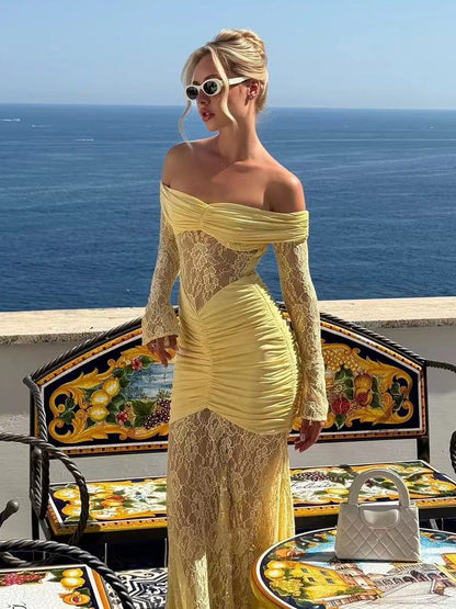 Off Shoulder Ruched Lace Splicing Long Sleeve Bodycon Maxi Dress For Women 2026