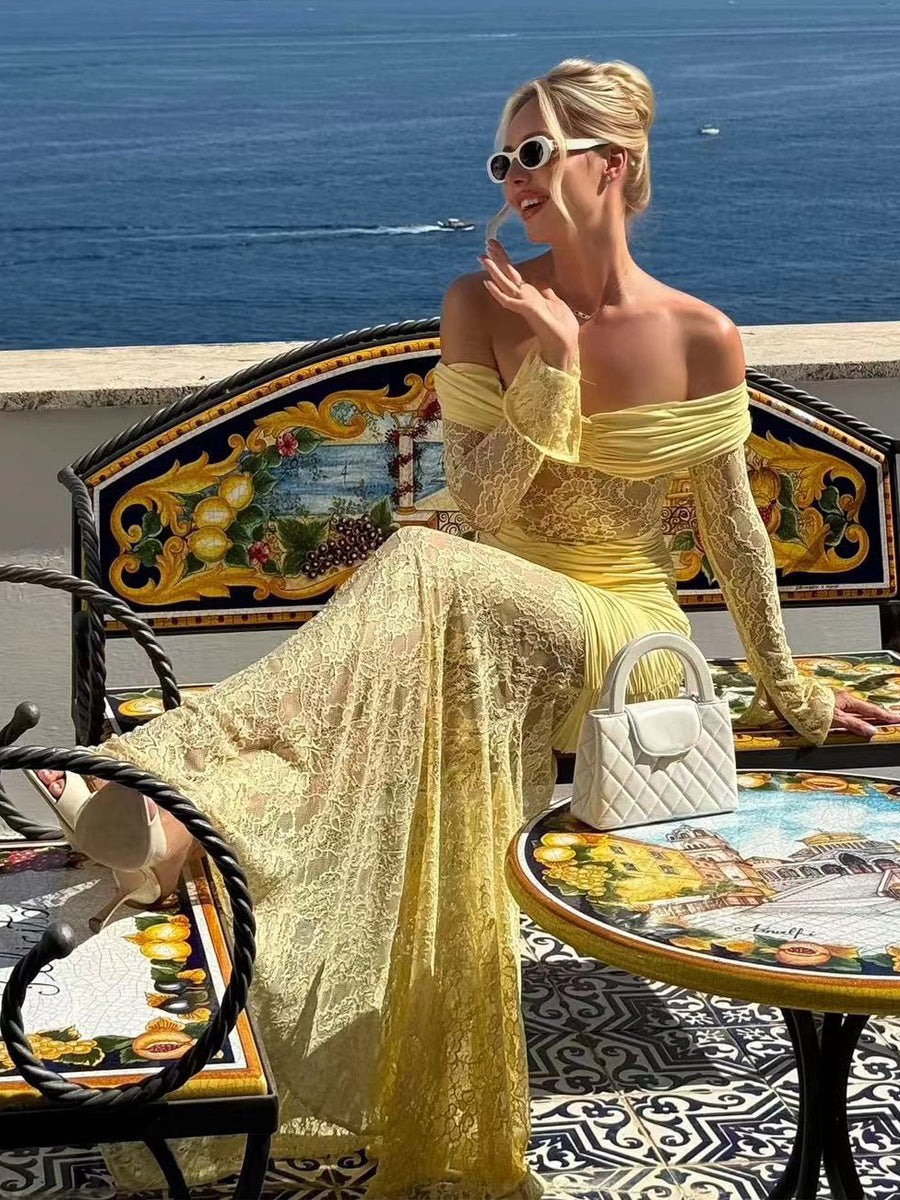Off Shoulder Ruched Lace Splicing Long Sleeve Bodycon Maxi Dress For Women 2026