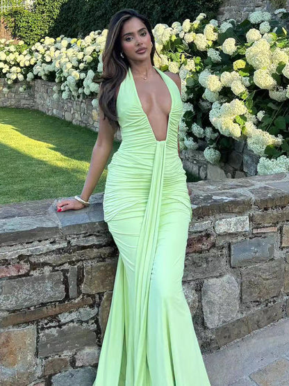 Deep V Neck Halter Ruched Bodycon Floor Length Mermaid Gown For Women 2026