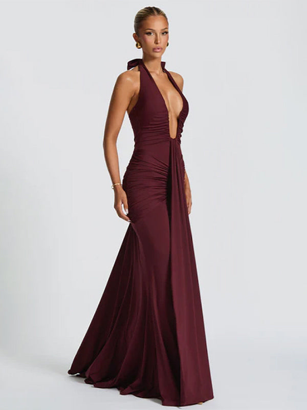 Deep V Neck Halter Ruched Bodycon Floor Length Mermaid Gown For Women 2026