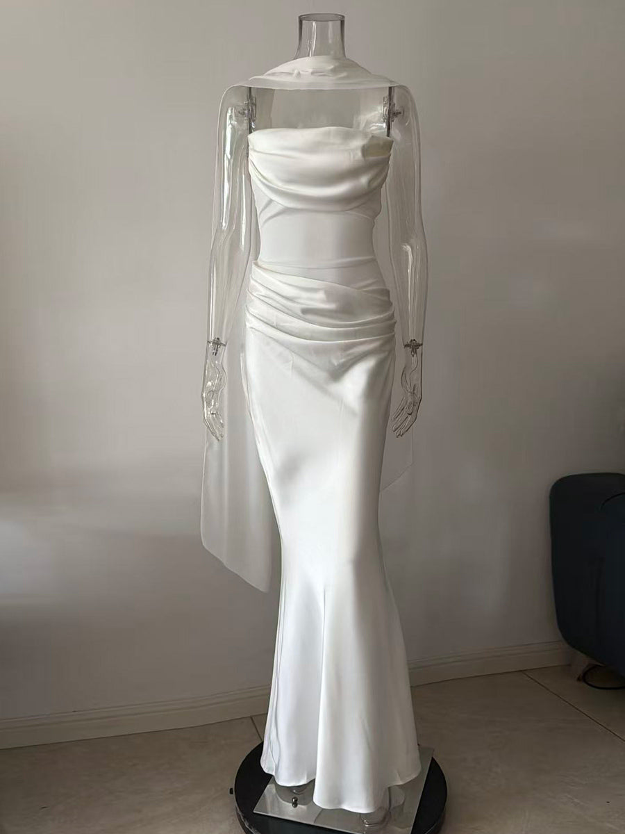 Ruched Waist Slim Fit Mermaid Maxi Prom Dress With Scarf For Women 2026