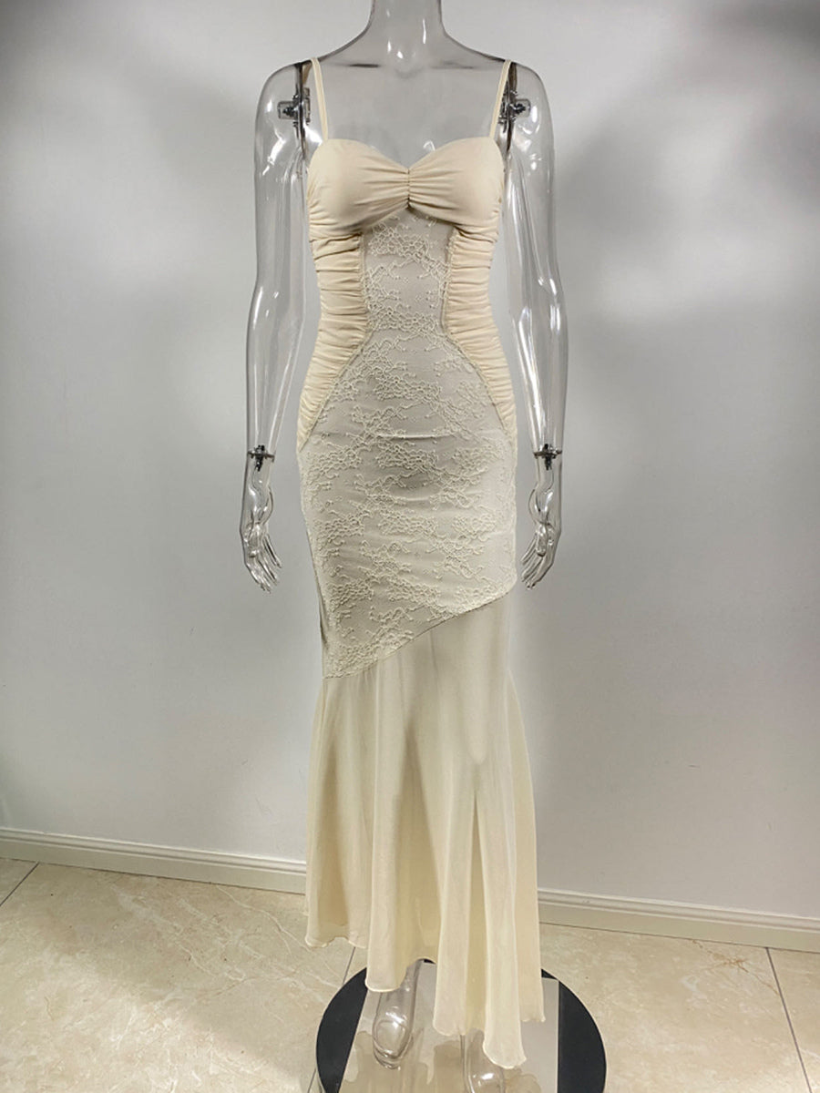 Lace Patchwork Ruched Cami Bodycon Mermaid Maxi Dress For Women 2026