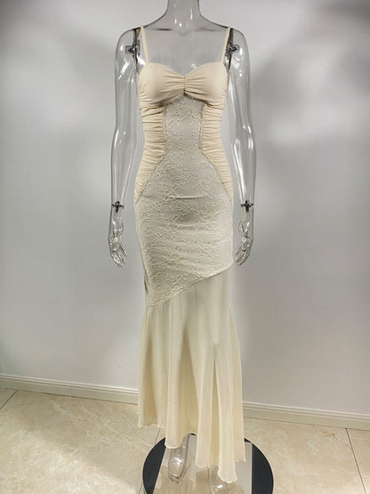 Lace Patchwork Ruched Cami Bodycon Mermaid Maxi Dress For Women 2026