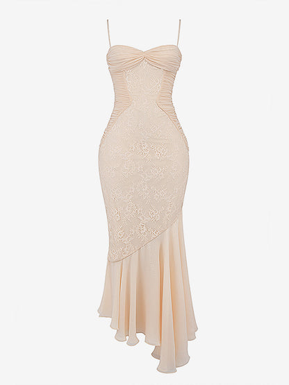 Lace Patchwork Ruched Cami Bodycon Mermaid Maxi Dress For Women 2026