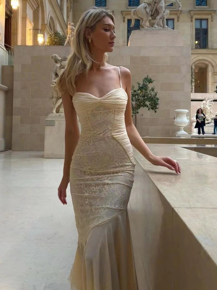 Lace Patchwork Ruched Cami Bodycon Mermaid Maxi Dress For Women 2026