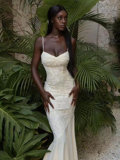 Lace Patchwork Ruched Cami Bodycon Mermaid Maxi Dress For Women 2026