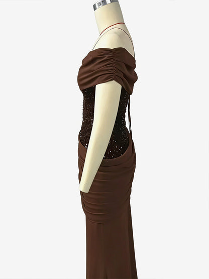 One Shoulder Ruched Waist Sequin Maxi Party Dress For Women 2026