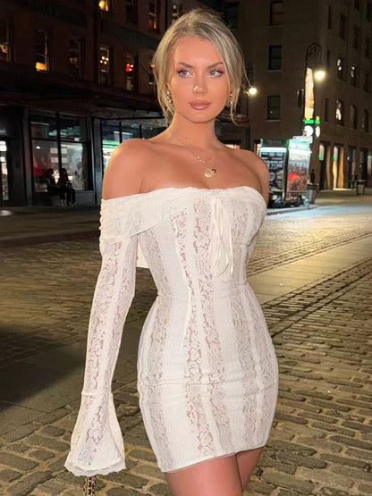 Lace Off Shoulder Long Sleeve Flare Cuff Bodycon Mini Dress For Women 2026