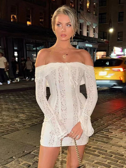 Lace Off Shoulder Long Sleeve Flare Cuff Bodycon Mini Dress For Women 2026