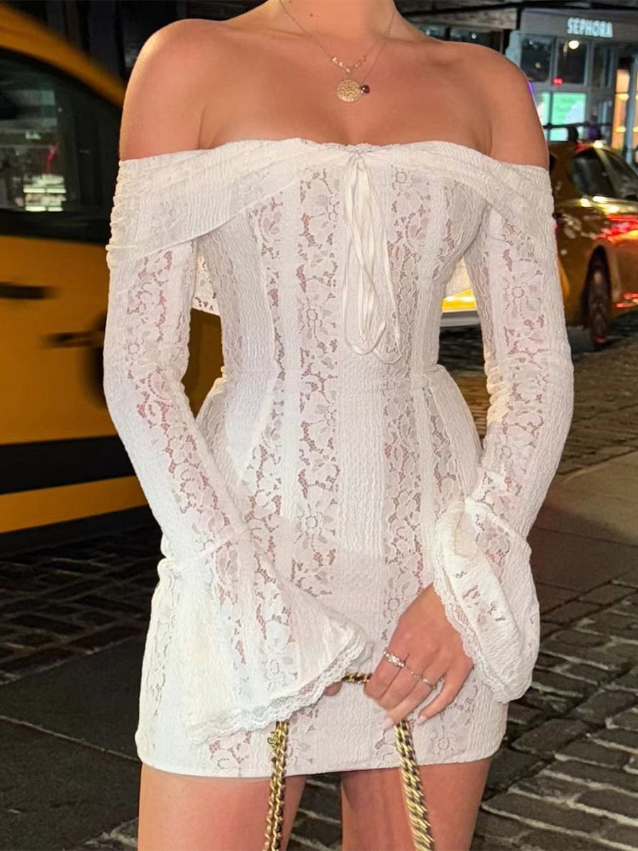 Lace Off Shoulder Long Sleeve Flare Cuff Bodycon Mini Dress For Women 2026