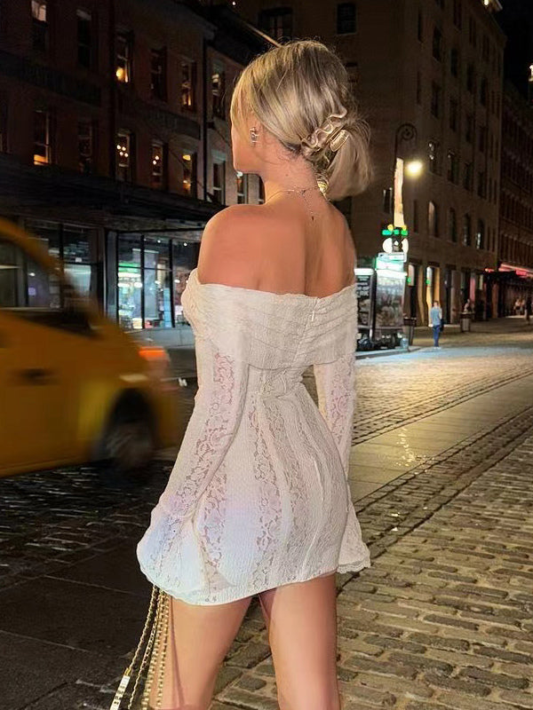 Lace Off Shoulder Long Sleeve Flare Cuff Bodycon Mini Dress For Women 2026