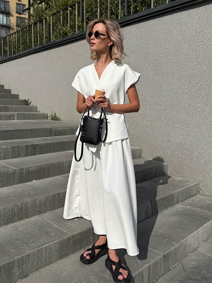 V Neck Wrap Top And High Waist Long Skirt Two Piece Set For Women 2026