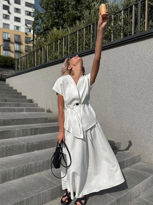V Neck Wrap Top And High Waist Long Skirt Two Piece Set For Women 2026