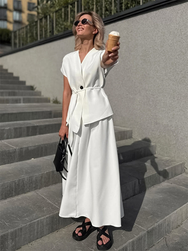 V Neck Wrap Top And High Waist Long Skirt Two Piece Set For Women 2026