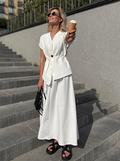 V Neck Wrap Top And High Waist Long Skirt Two Piece Set For Women 2026