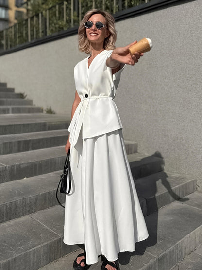 V Neck Wrap Top And High Waist Long Skirt Two Piece Set For Women 2026