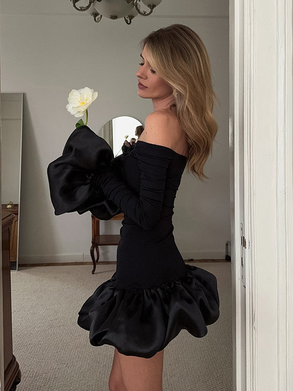 Off Shoulder Puff Hem Ruched Long Sleeve Bodycon Mini Dress For Women 2026