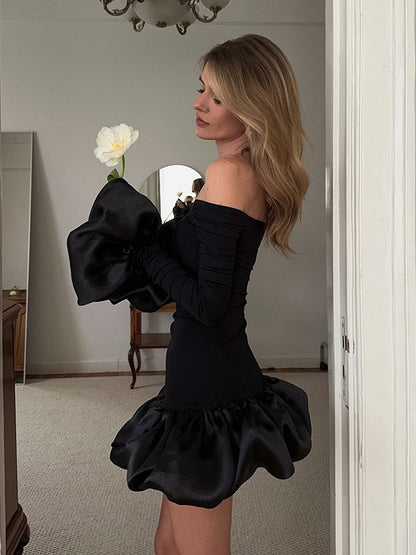 Off Shoulder Puff Hem Ruched Long Sleeve Bodycon Mini Dress For Women 2026