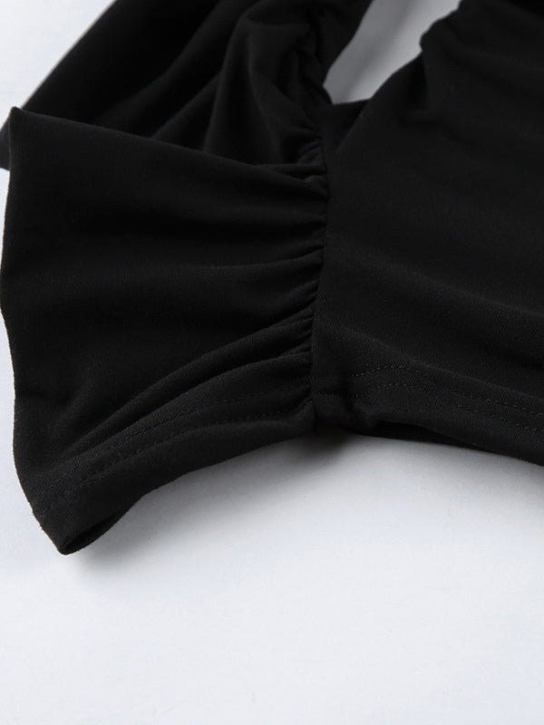 Off Shoulder Puff Hem Ruched Long Sleeve Bodycon Mini Dress For Women 2026